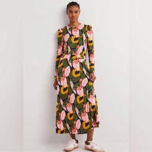 Boden Puff Sleeve Jersey Midi Dress French Navy, Abstract Bloom